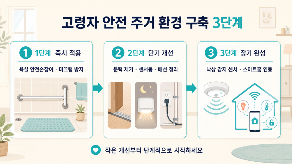 고령자 낙상 예방을 위한 안전 주거 환경 구축 3단계 인포그래픽