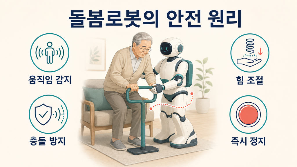 사람을 부축하는 시니어 케어 로봇의 움직임 감지, 힘 조절, 충돌 방지 및 비상정지 원리