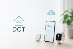 분산형 임상시험 DCT를 표현한 스마트워치와 디지털 헬스 기기