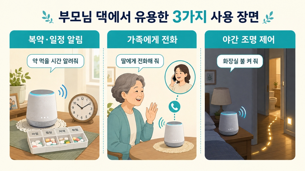 부모님을 위한 AI 음성비서, 무엇을 맡기고 무엇을 맡기면 안 될까 1 부모님 댁 AI 음성비서의 복약 알림 가족 통화 야간 조명 제어 활용 장면